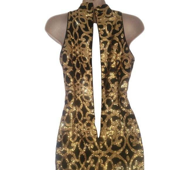 Gianni Bini Black & Gold Sequin‎ Halter Bodycon Dress Size 0 Zippered Party Wear - Picture 4 of 7